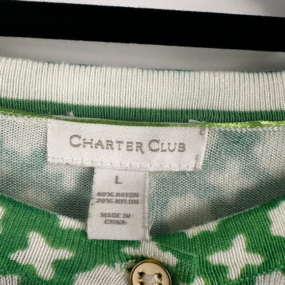 Charter Club Woman's Green White Cardigan Button Front White Metal Buttons Large - Picture 3 of 5